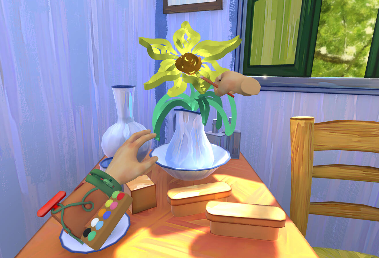 Painted Realms, VR painting, sunflower in a jar, Van Gogh Bedroom